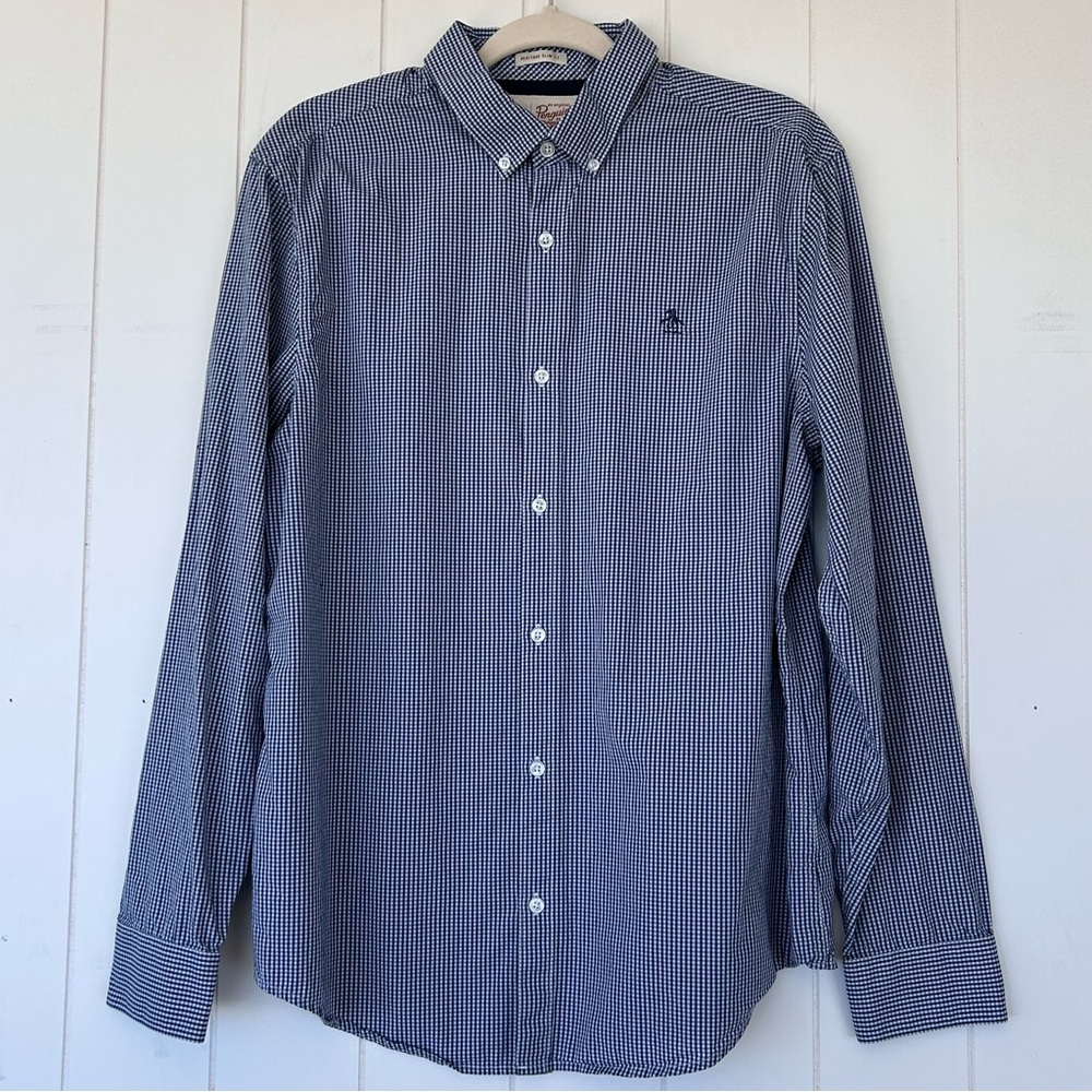 Original Penguin Men’s Button Down Shirt‎ Long Sleeves Blue/White Check Large